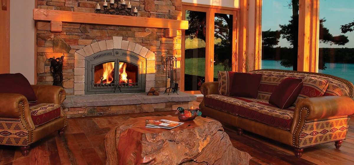 Propane fireplace in stone mantel