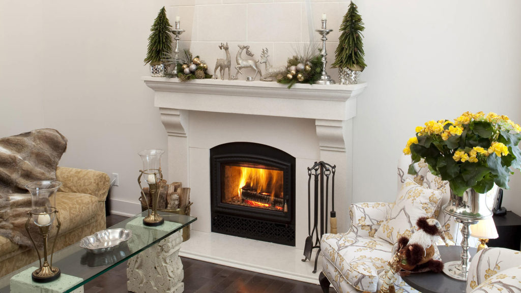 Propane fireplace with white mantel